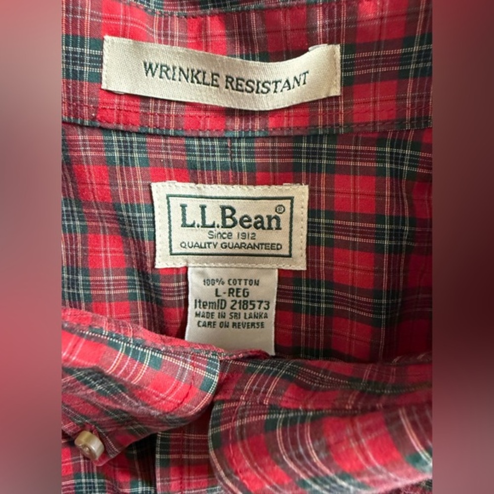 L.L.Bean L Regular Red Green Plaid Button Down Shirt 100% Cotton - Picture 3 of 6